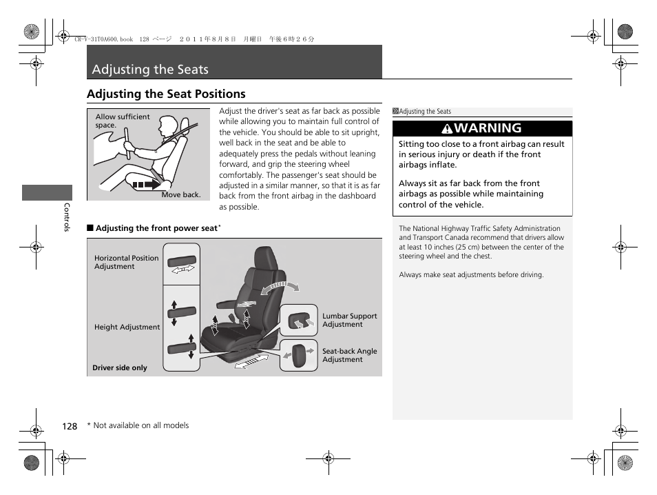 Adjusting the seats, P 128), Adjusting the seats p. 128 | Adjusting the seat positions, Adjusting the seat positions p. 128, Warning | HONDA 2012 CR-V User Manual | Page 130 / 384