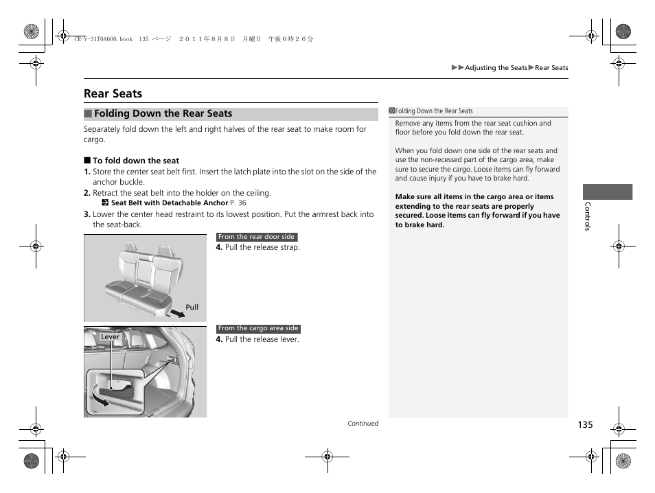 Rear seats | HONDA 2012 CR-V User Manual | Page 137 / 384
