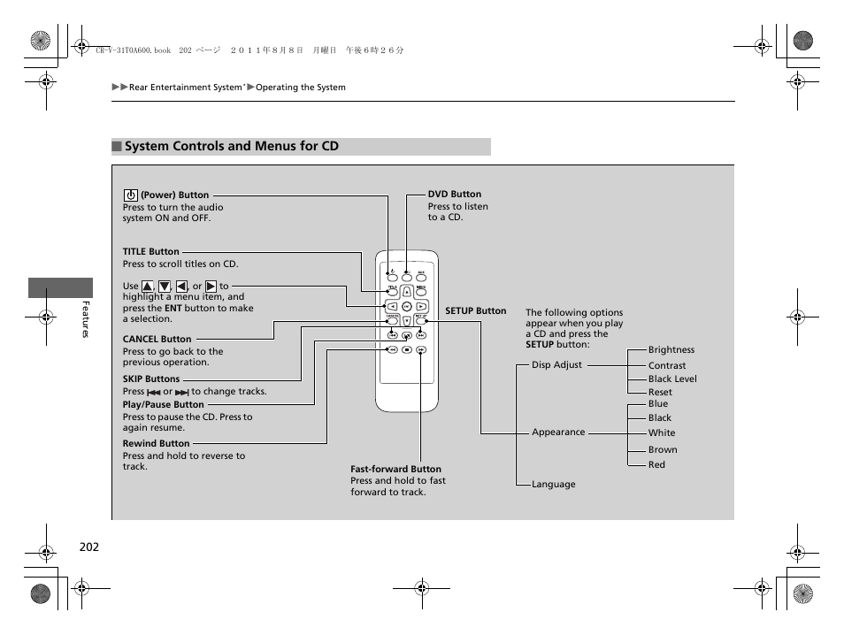 System controls and menus for cd | HONDA 2012 CR-V User Manual | Page 204 / 384