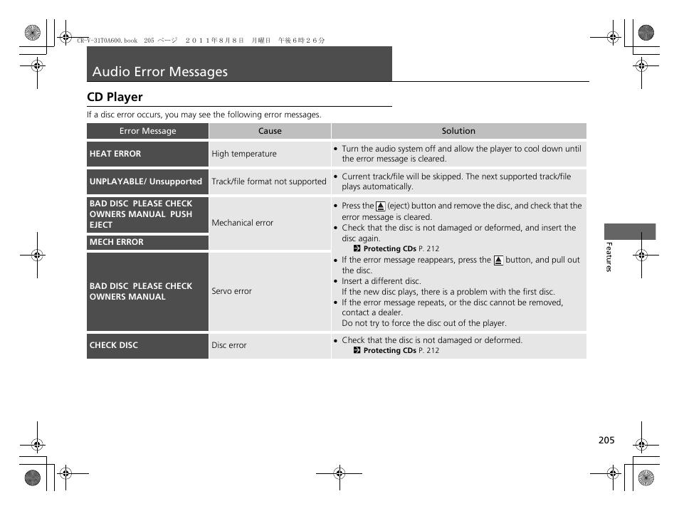 Audio error messages, Cd player | HONDA 2012 CR-V User Manual | Page 207 / 384