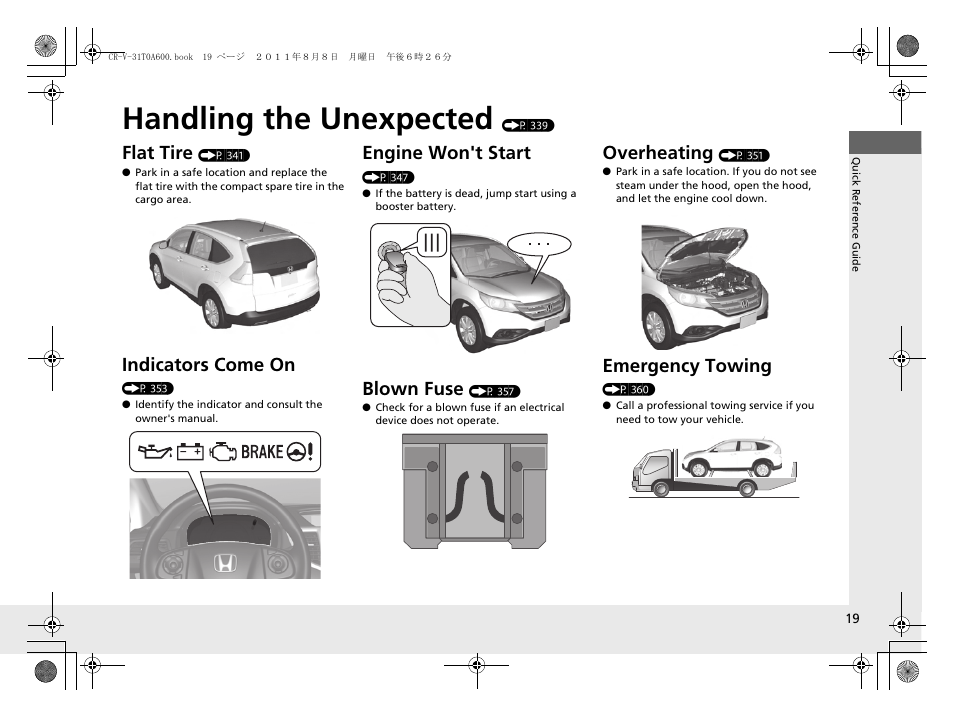 Handling the unexpected (p 339), Handling the unexpected, Flat tire | Indicators come on, Engine won't start, Blown fuse, Overheating, Emergency towing | HONDA 2012 CR-V User Manual | Page 21 / 384