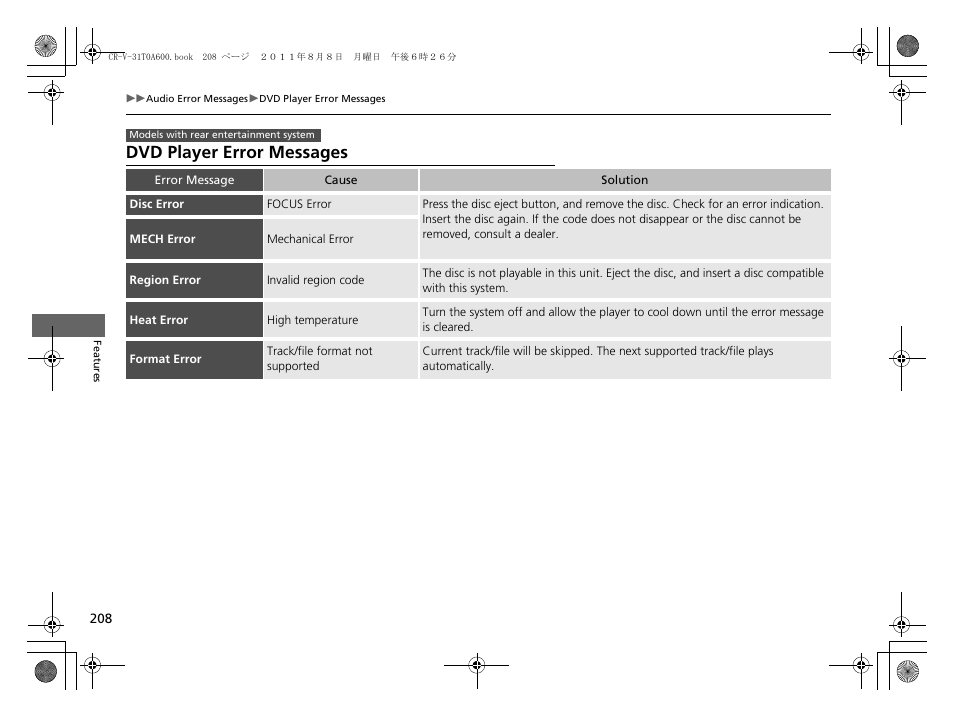Dvd player error messages | HONDA 2012 CR-V User Manual | Page 210 / 384