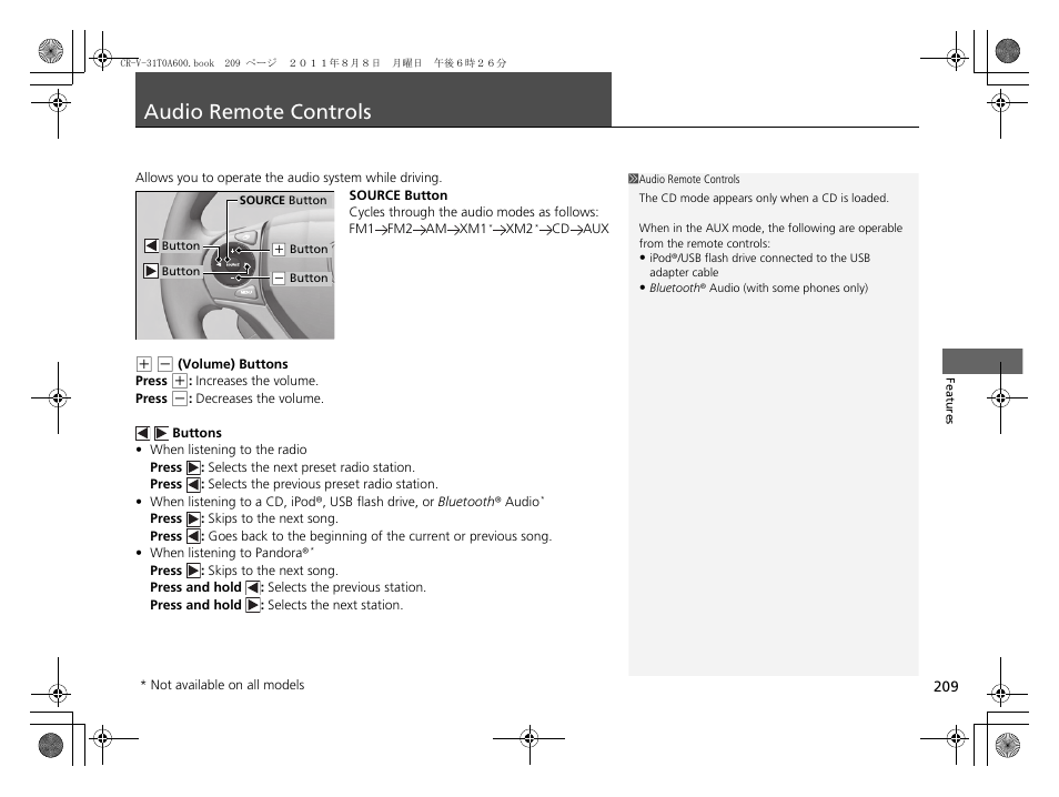 Audio remote controls | HONDA 2012 CR-V User Manual | Page 211 / 384
