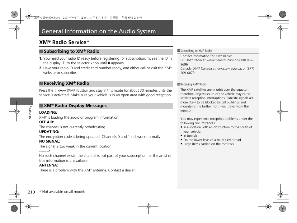 General information on the audio system p. 210, General information on the audio, System | General information on the audio system, Xm® radio service | HONDA 2012 CR-V User Manual | Page 212 / 384