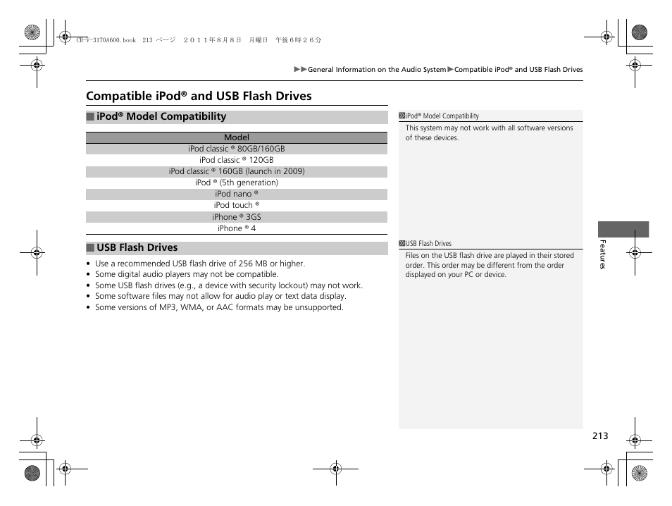 Compatible ipod® and usb flash drives | HONDA 2012 CR-V User Manual | Page 215 / 384