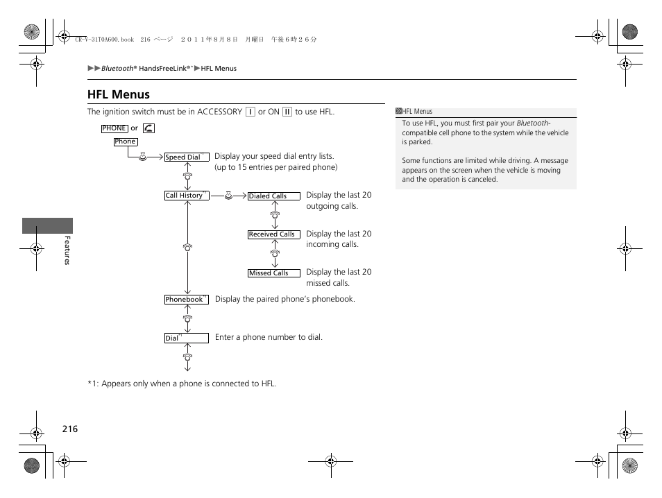 Hfl menus | HONDA 2012 CR-V User Manual | Page 218 / 384