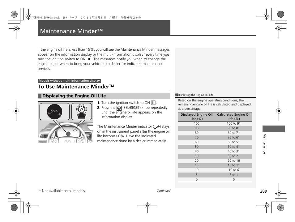 Maintenance minder, Maintenance minder™ p. 289 | HONDA 2012 CR-V User Manual | Page 291 / 384