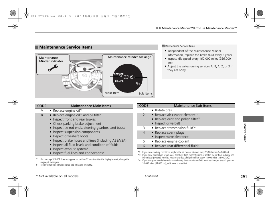 Maintenance service items p. 291, 2, Maintenance service items | HONDA 2012 CR-V User Manual | Page 293 / 384