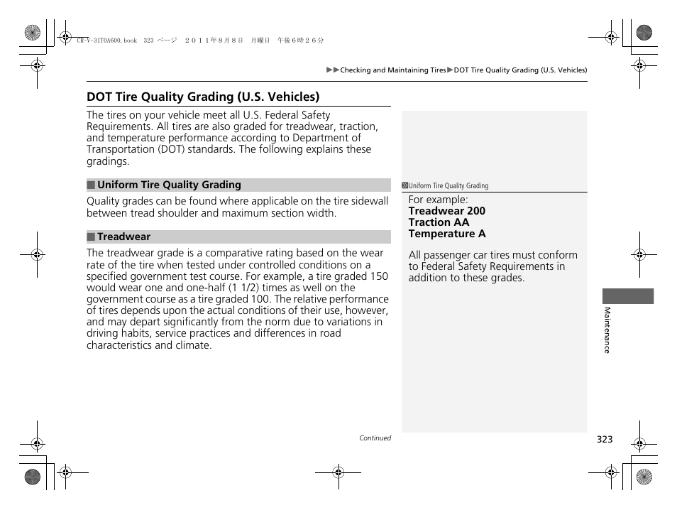 Dot tire quality grading (u.s. vehicles) | HONDA 2012 CR-V User Manual | Page 325 / 384