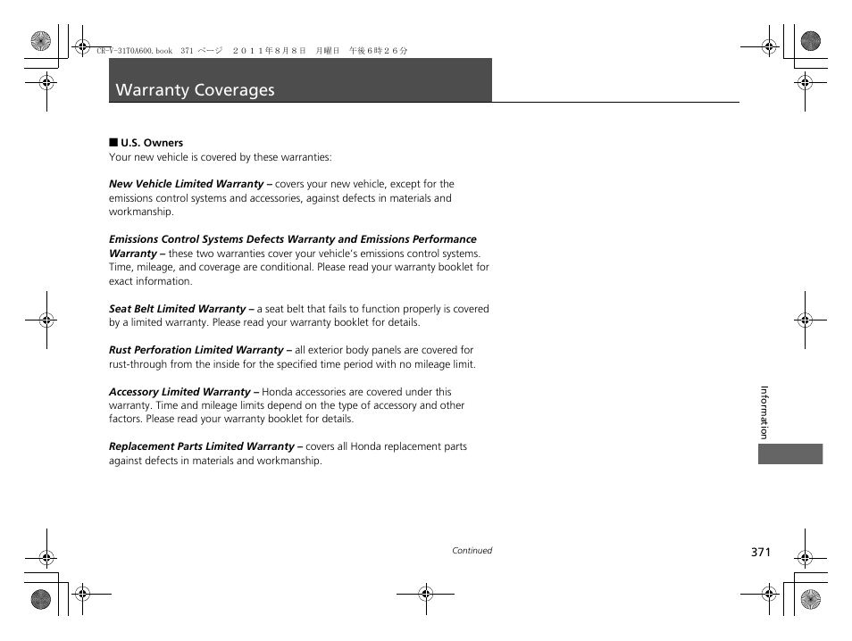 Warranty coverages | HONDA 2012 CR-V User Manual | Page 373 / 384