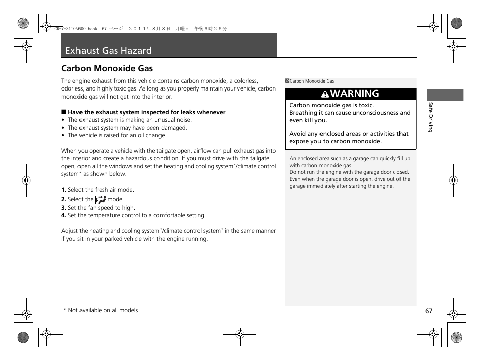 Exhaust gas hazard, P 67), Carbon monoxide gas | Warning | HONDA 2012 CR-V User Manual | Page 69 / 384