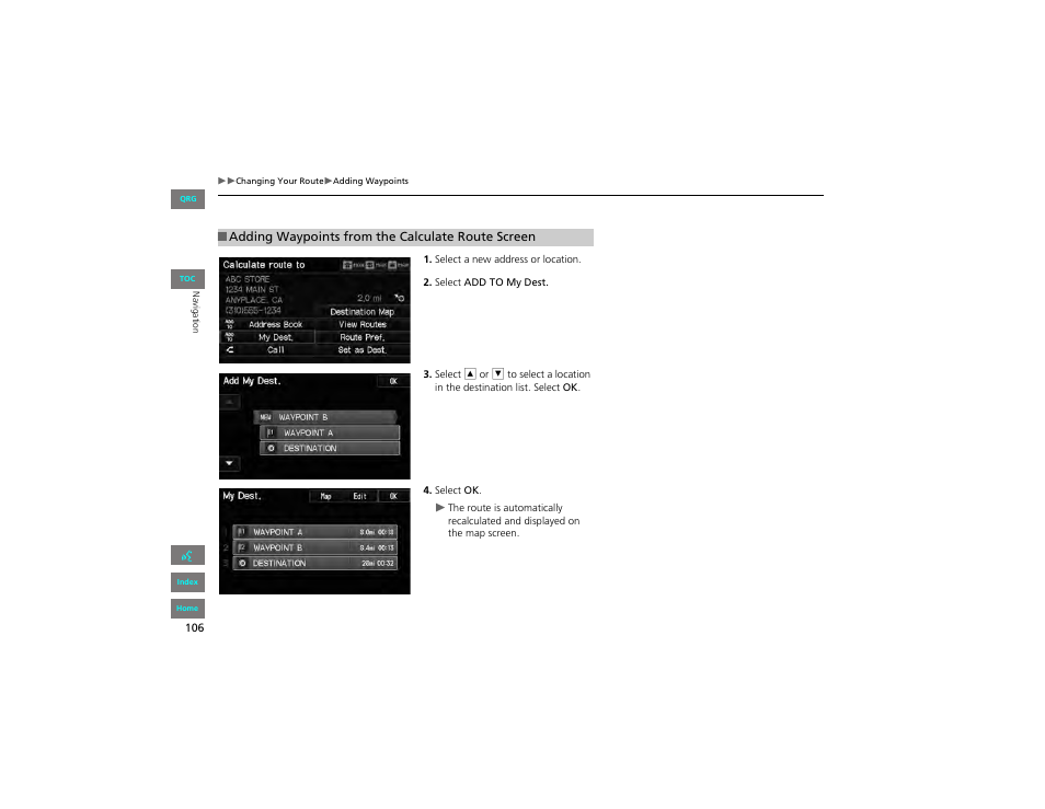Adding waypoints from the calculate route screen | HONDA 2012 Civic Hybrid Navigation User Manual | Page 107 / 204