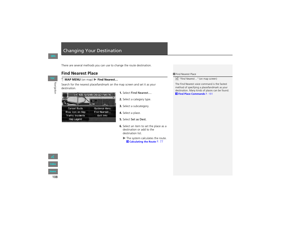 Changing your destination, Find nearest place, P108) | 2 changing your destination, P. 108 | HONDA 2012 Civic Hybrid Navigation User Manual | Page 109 / 204