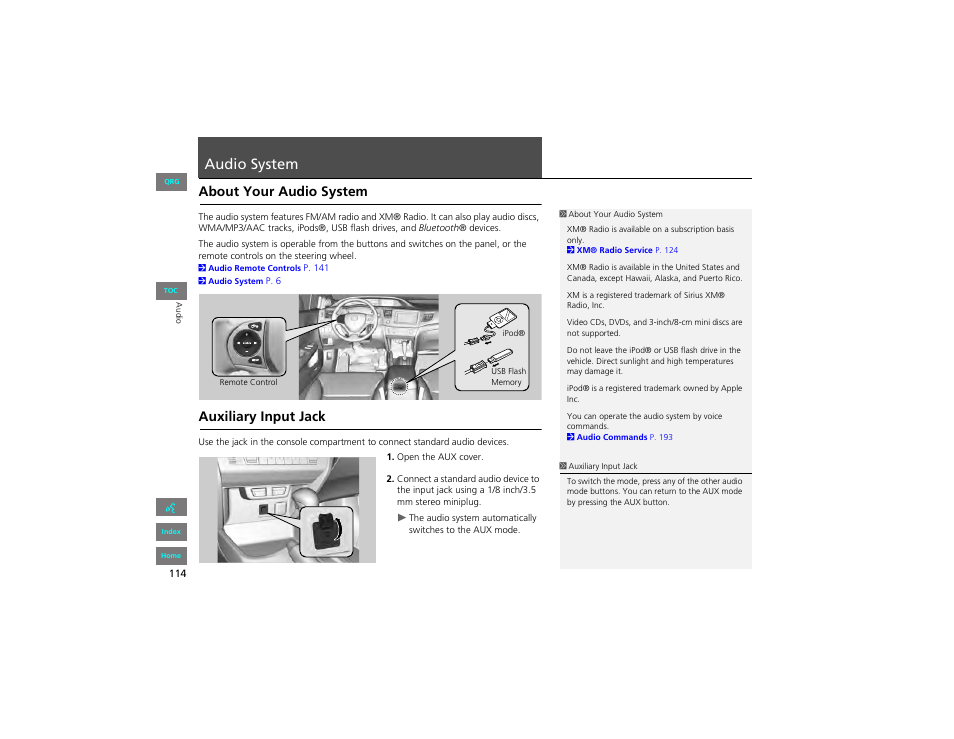 Audio system, About your audio system, Auxiliary input jack | O system | HONDA 2012 Civic Hybrid Navigation User Manual | Page 115 / 204