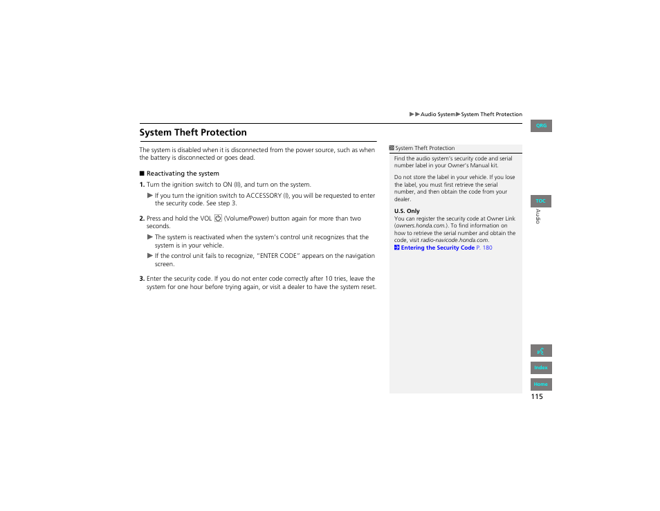 System theft protection | HONDA 2012 Civic Hybrid Navigation User Manual | Page 116 / 204