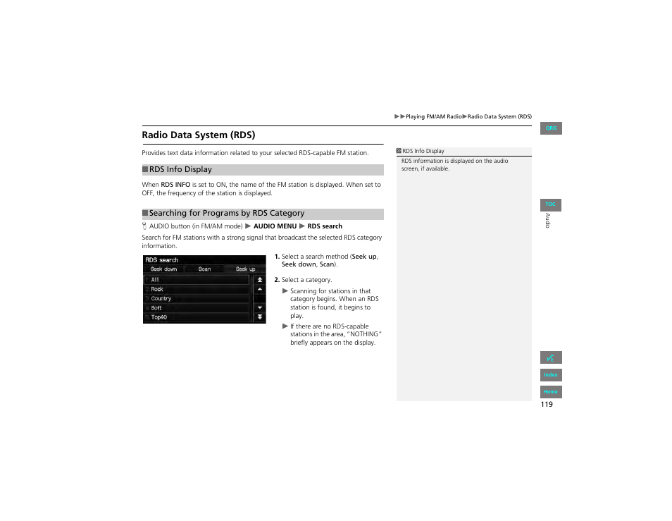 Radio data system (rds), Rds info display, Searching for programs by rds category | 2 searching for programs by rds category, P. 119, 2 rds info display | HONDA 2012 Civic Hybrid Navigation User Manual | Page 120 / 204