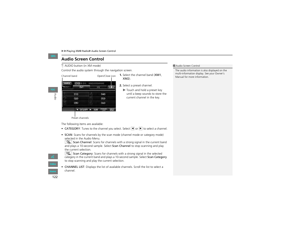 Audio screen control | HONDA 2012 Civic Hybrid Navigation User Manual | Page 123 / 204