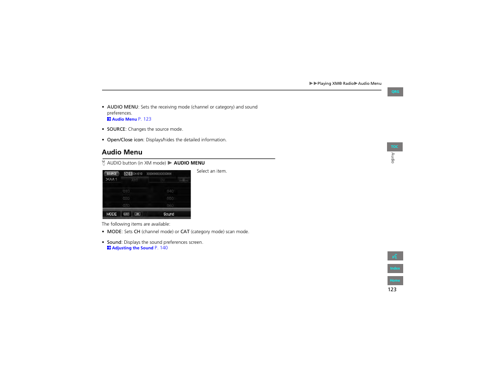 Audio menu | HONDA 2012 Civic Hybrid Navigation User Manual | Page 124 / 204