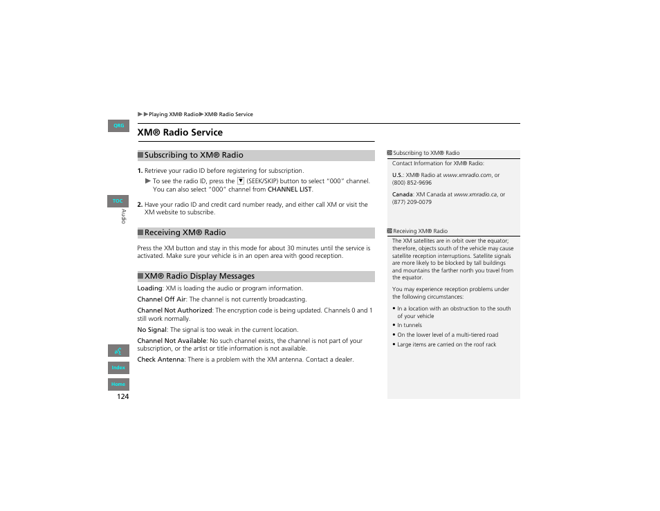 Xm® radio service, Subscribing to xm® radio, Receiving xm® radio | Xm® radio display messages, 2 xm® radio service p. 124, 2 xm® radio display messages p. 124 | HONDA 2012 Civic Hybrid Navigation User Manual | Page 125 / 204