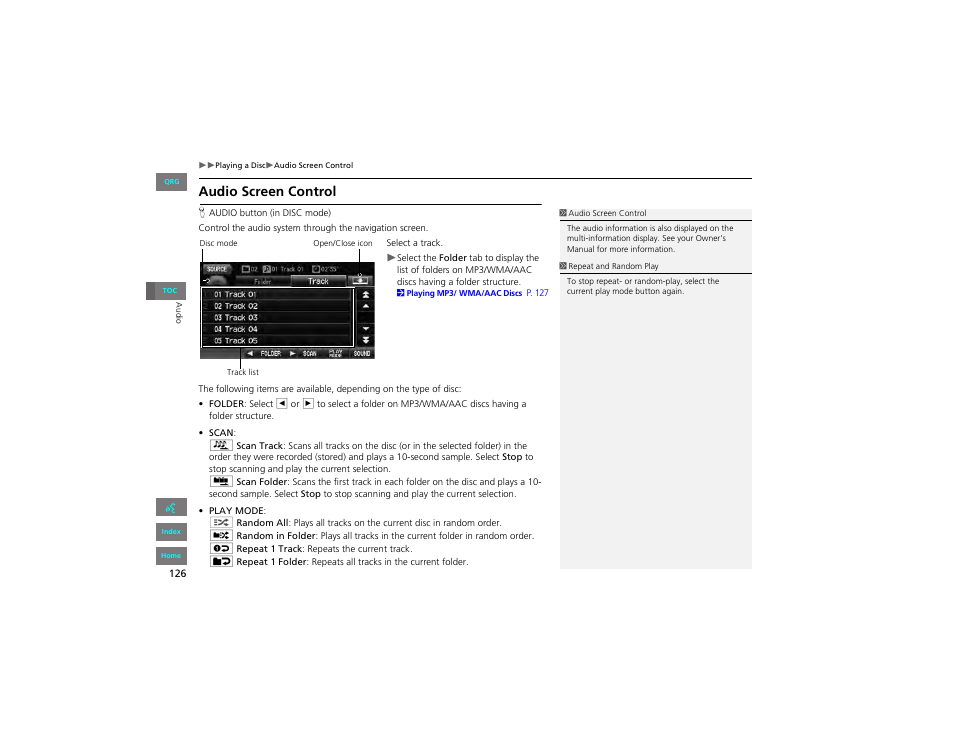 Audio screen control | HONDA 2012 Civic Hybrid Navigation User Manual | Page 127 / 204