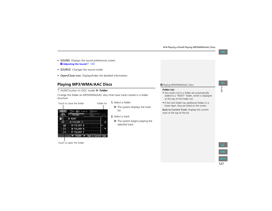 Playing mp3/wma/aac discs | HONDA 2012 Civic Hybrid Navigation User Manual | Page 128 / 204