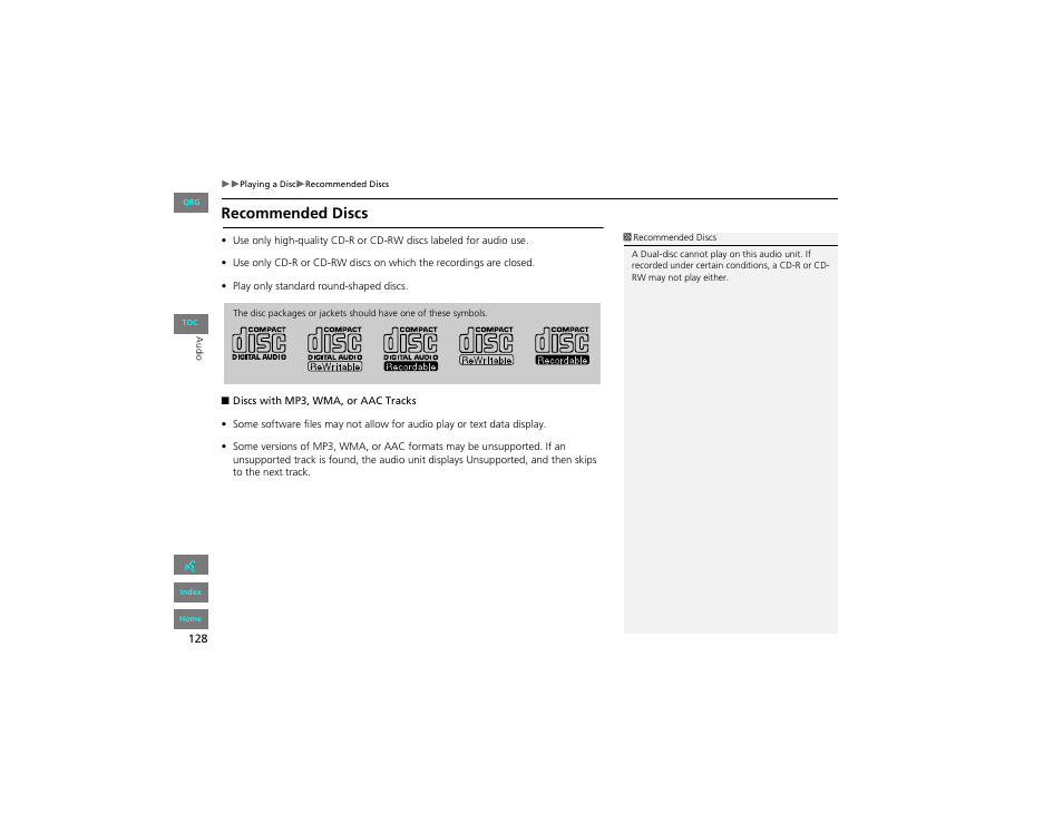 Recommended discs | HONDA 2012 Civic Hybrid Navigation User Manual | Page 129 / 204