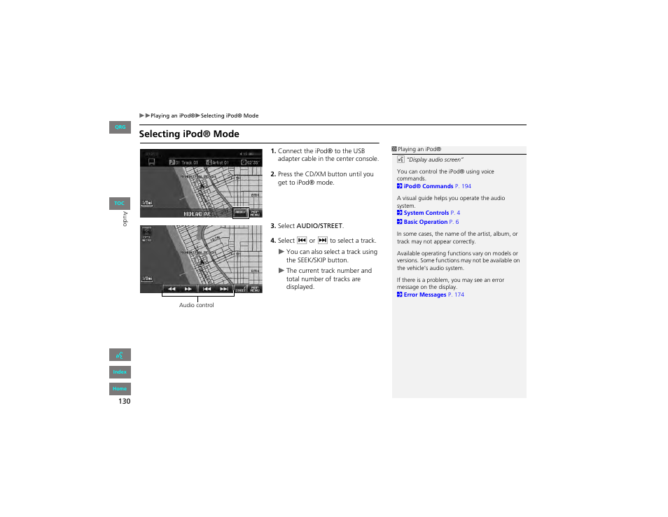 Selecting ipod® mode | HONDA 2012 Civic Hybrid Navigation User Manual | Page 131 / 204