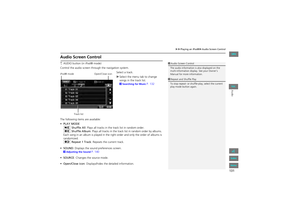 Audio screen control | HONDA 2012 Civic Hybrid Navigation User Manual | Page 132 / 204