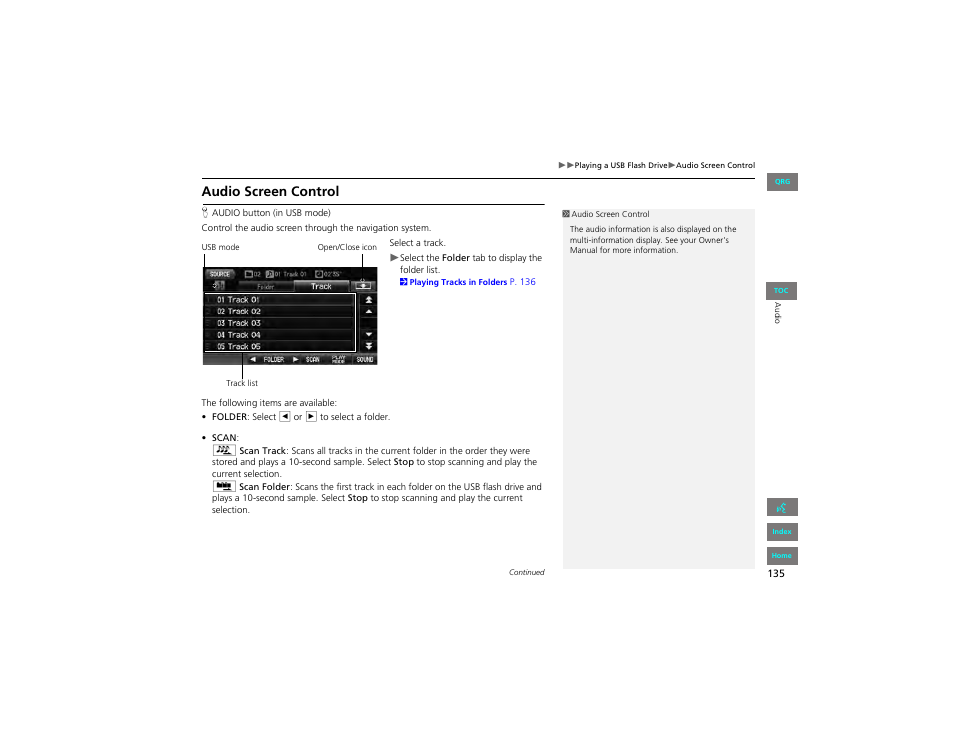Audio screen control | HONDA 2012 Civic Hybrid Navigation User Manual | Page 136 / 204