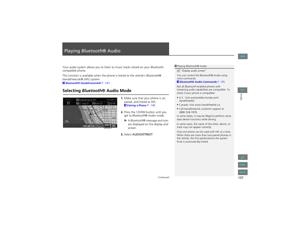 Playing bluetooth® audio, Selecting bluetooth® audio mode, P137) | Playing bluetooth ® audio, Selecting bluetooth ® audio mode | HONDA 2012 Civic Hybrid Navigation User Manual | Page 138 / 204