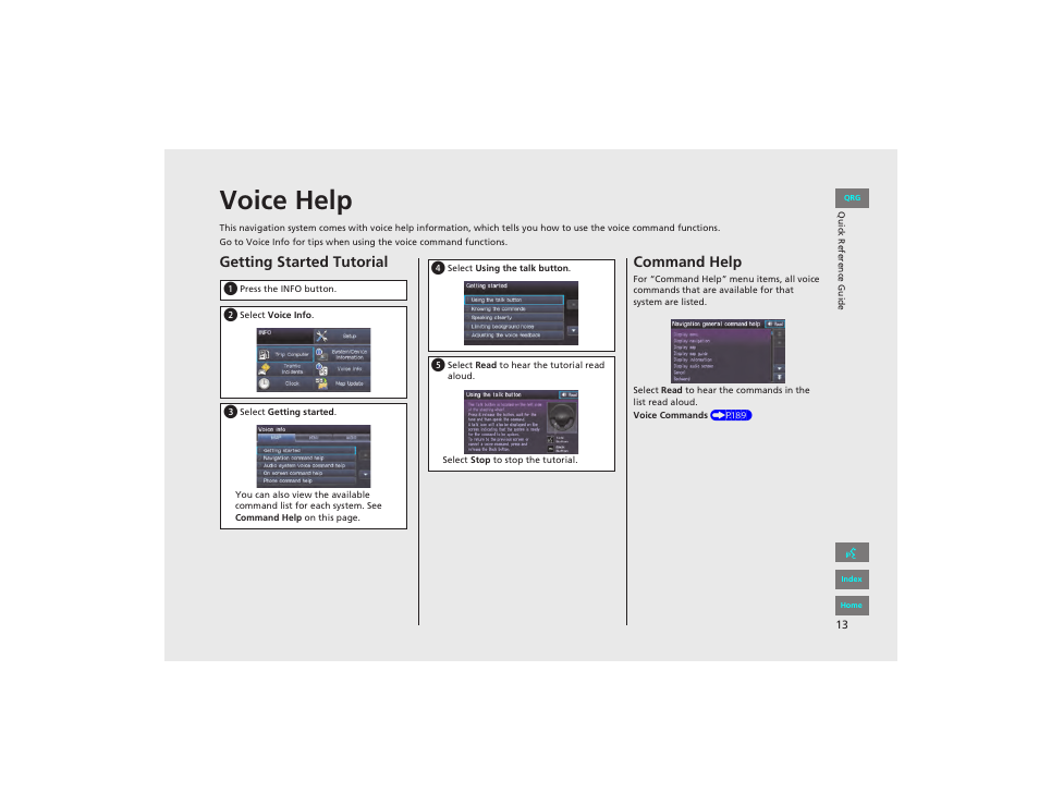 P13), Voice help, Getting started tutorial | Command help | HONDA 2012 Civic Hybrid Navigation User Manual | Page 14 / 204