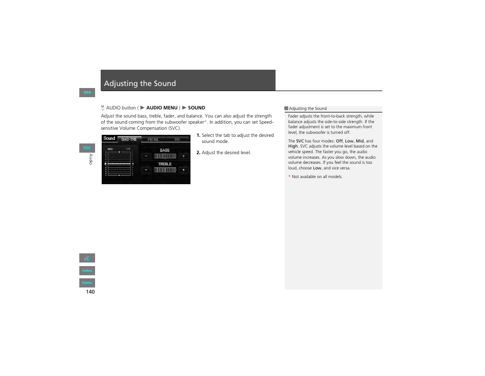Adjusting the sound, 2 adjusting the sound, P. 140 | HONDA 2012 Civic Hybrid Navigation User Manual | Page 141 / 204