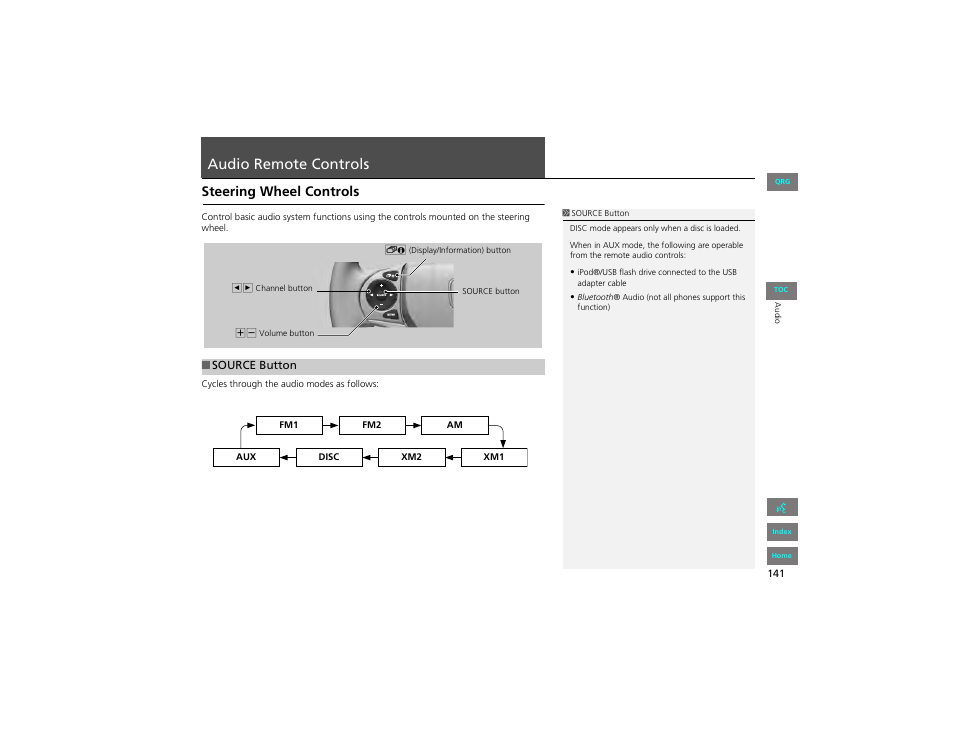 Audio remote controls, Steering wheel controls, P141) | 2 audio remote controls, P. 141 | HONDA 2012 Civic Hybrid Navigation User Manual | Page 142 / 204