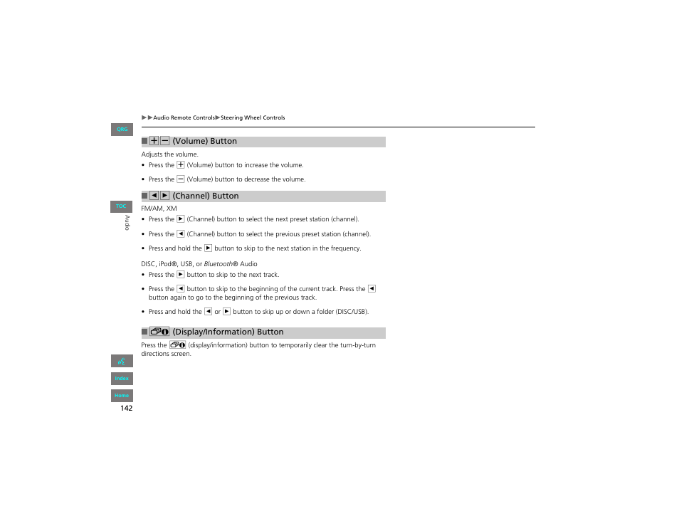 Volume button, Channel button, Display/information button | P142) | HONDA 2012 Civic Hybrid Navigation User Manual | Page 143 / 204