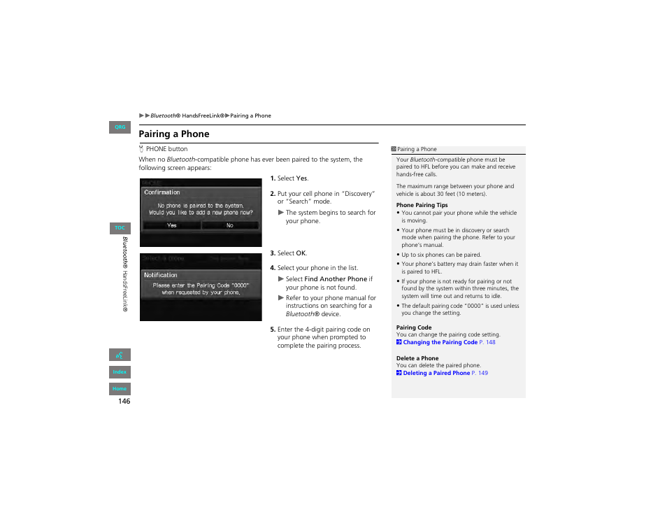 Pairing a phone, 2 pairing a phone, P. 146 | HONDA 2012 Civic Hybrid Navigation User Manual | Page 147 / 204
