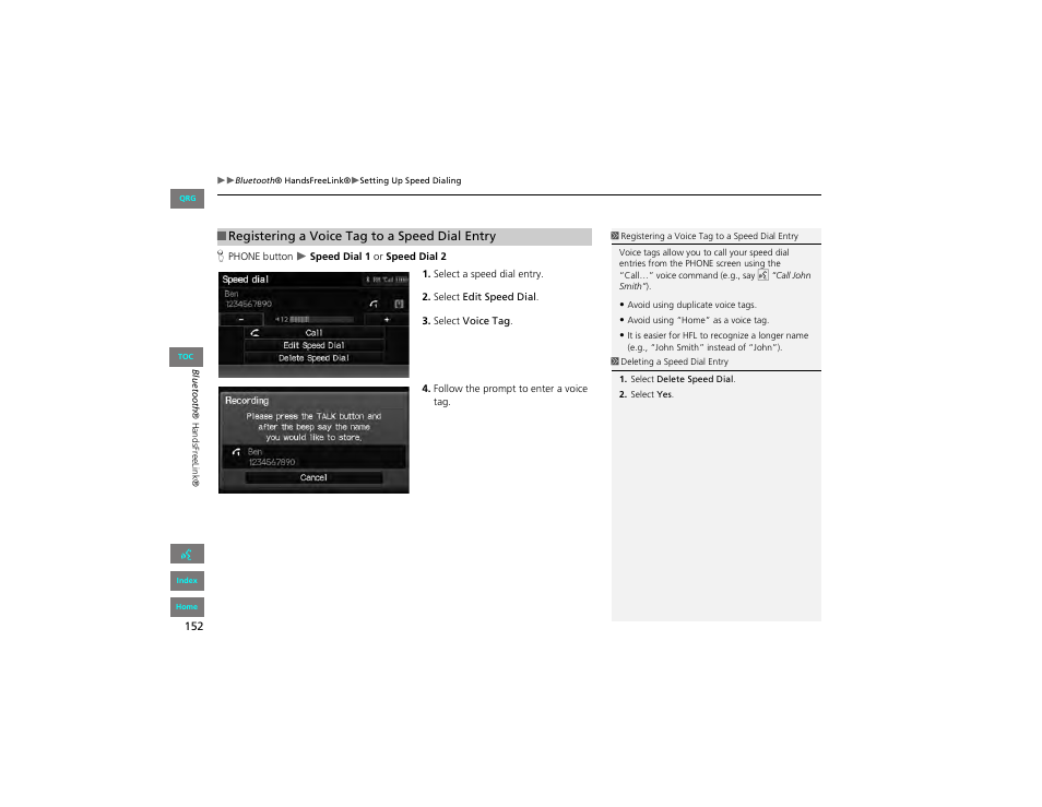 Registering a voice tag to a speed dial entry | HONDA 2012 Civic Hybrid Navigation User Manual | Page 153 / 204