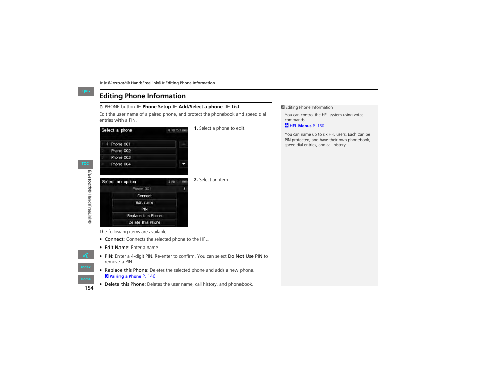 Editing phone information | HONDA 2012 Civic Hybrid Navigation User Manual | Page 155 / 204