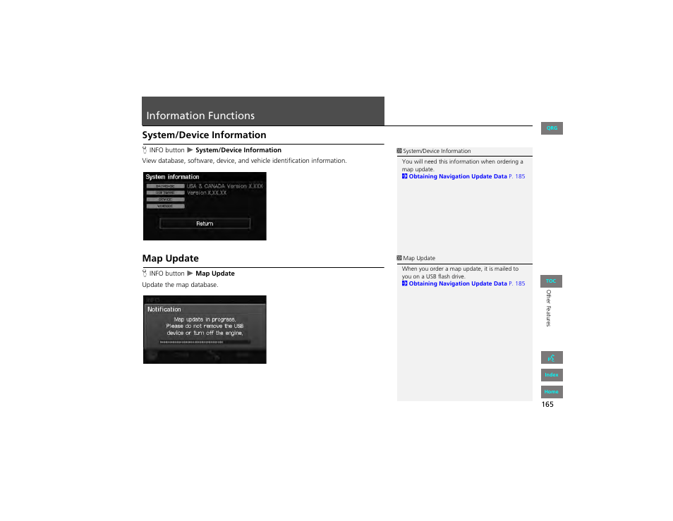 Information functions, System/device information, Map update | HONDA 2012 Civic Hybrid Navigation User Manual | Page 166 / 204