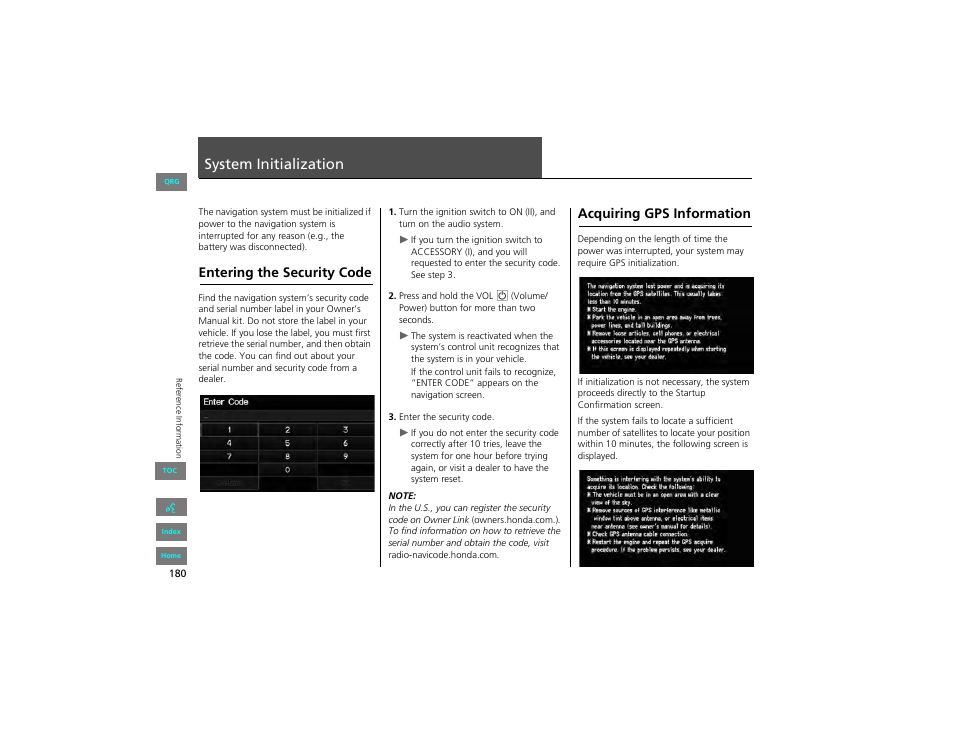 System initialization, Entering the security code, Acquiring gps information | 2 system initialization p. 180, 2 entering the security code p. 180 | HONDA 2012 Civic Hybrid Navigation User Manual | Page 181 / 204