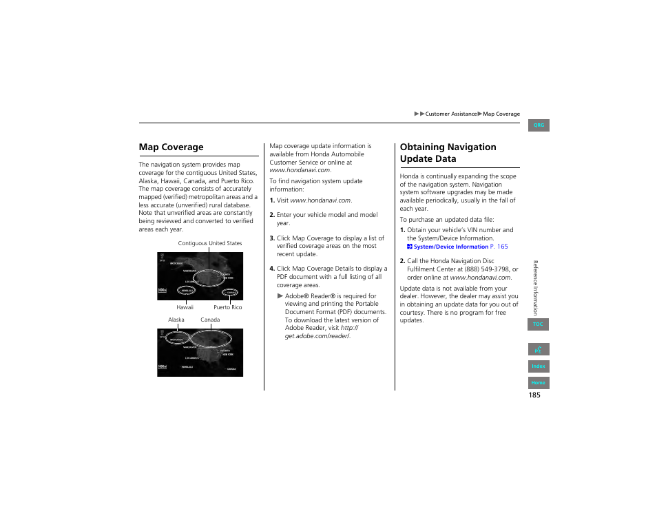 Map coverage, Obtaining navigationupdate data, 2 map coverage p. 185 | 2 obtaining navigation update data, P. 185, Obtaining navigation update data | HONDA 2012 Civic Hybrid Navigation User Manual | Page 186 / 204