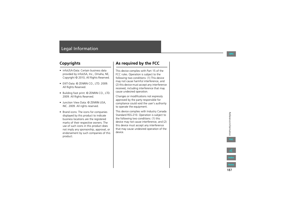 Legal information, Copyrights, As required by the fcc | HONDA 2012 Civic Hybrid Navigation User Manual | Page 188 / 204