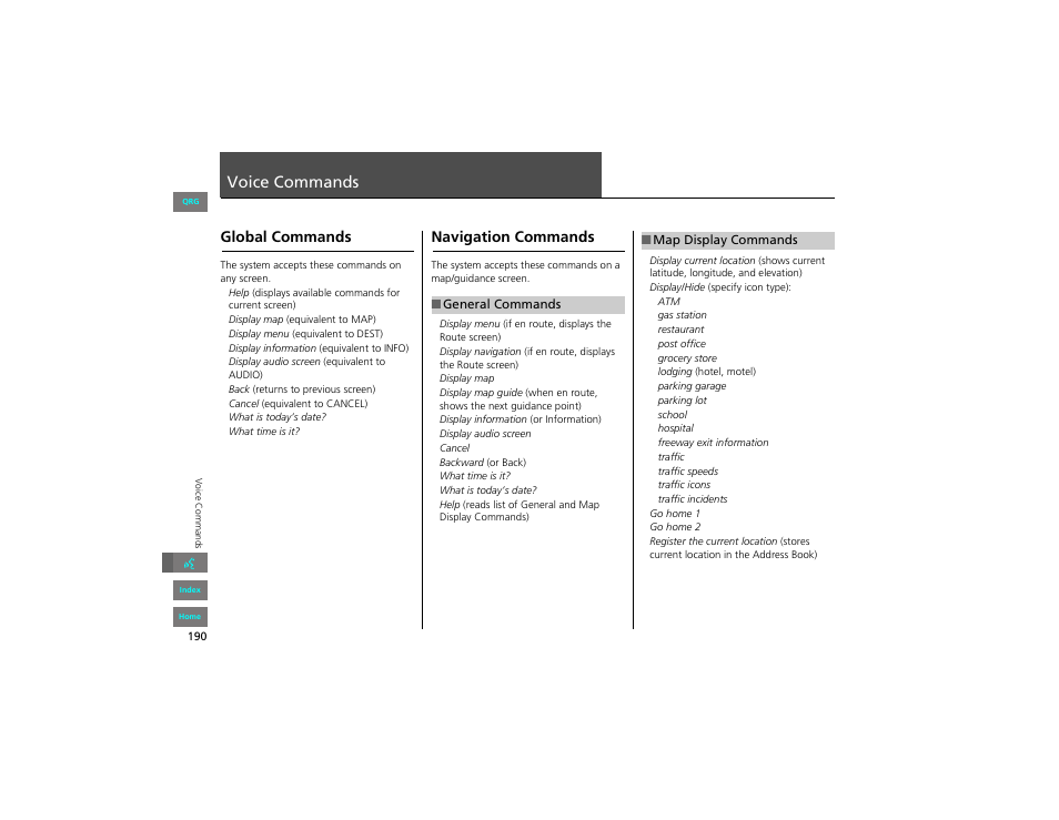 Voice commands, Global commands, Navigation commands | General commands, Map display commands, 2 voice commands, P. 190, 2 global commands p. 190, 2 map display commands p. 190 | HONDA 2012 Civic Hybrid Navigation User Manual | Page 191 / 204