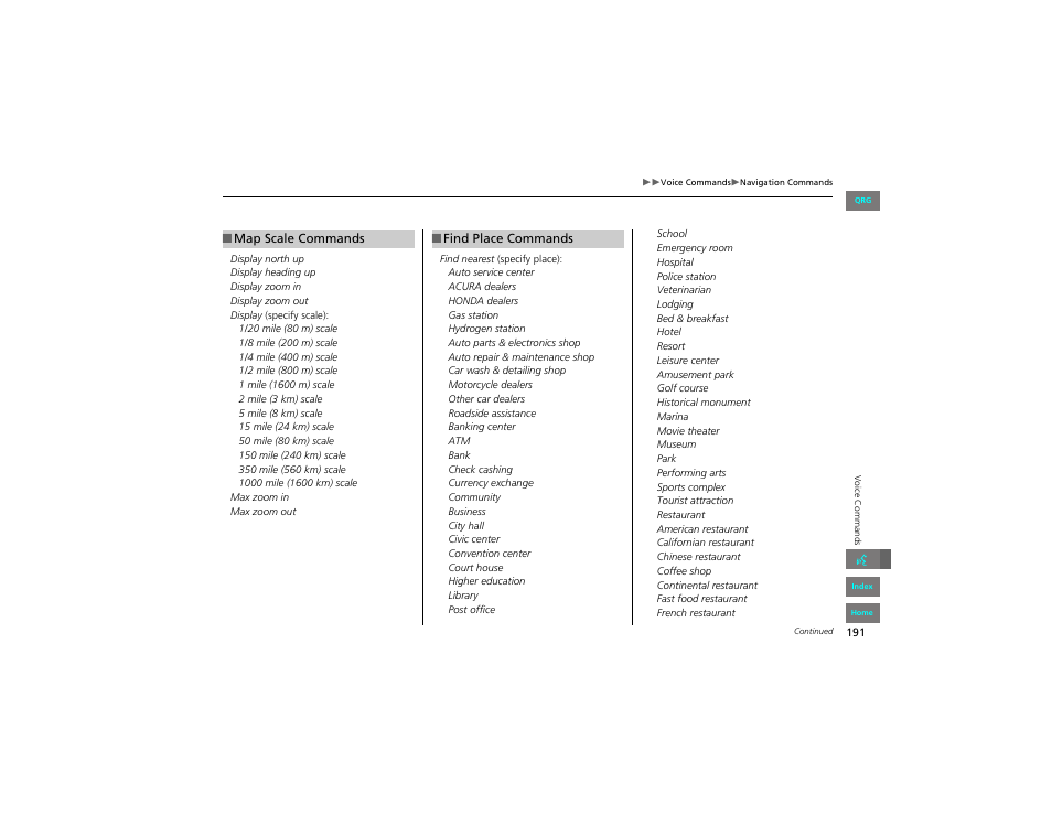 Map scale commands, 2 map scale commands p. 191 | HONDA 2012 Civic Hybrid Navigation User Manual | Page 192 / 204