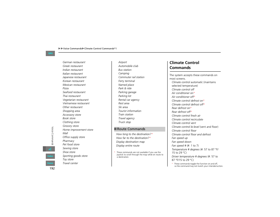 Route commands, Climate controlcommands, Climate control commands | HONDA 2012 Civic Hybrid Navigation User Manual | Page 193 / 204