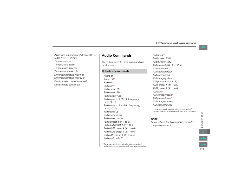 Audio commands, Radio commands, 2 radio commands p. 193 | HONDA 2012 Civic Hybrid Navigation User Manual | Page 194 / 204