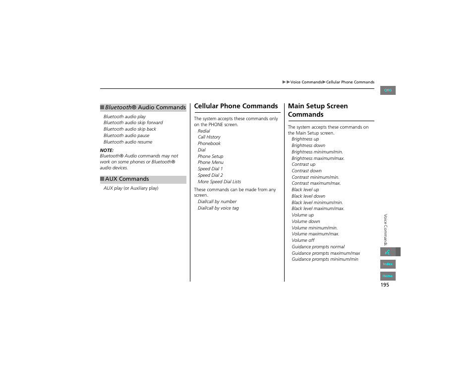 Bluetooth® audio commands, Cellular phone commands, Main setup screencommands | 2 bluetooth ® audio commands p. 195, Main setup screen commands | HONDA 2012 Civic Hybrid Navigation User Manual | Page 196 / 204