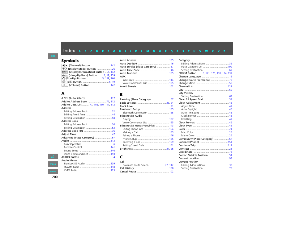 Index, Symbols | HONDA 2012 Civic Hybrid Navigation User Manual | Page 201 / 204