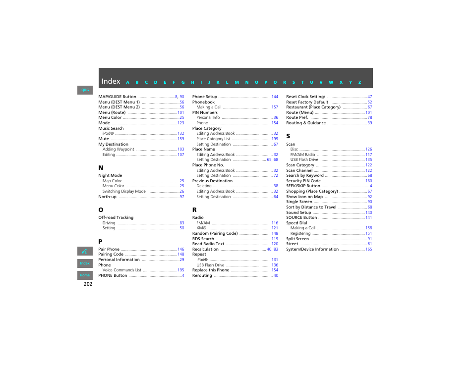 Index | HONDA 2012 Civic Hybrid Navigation User Manual | Page 203 / 204