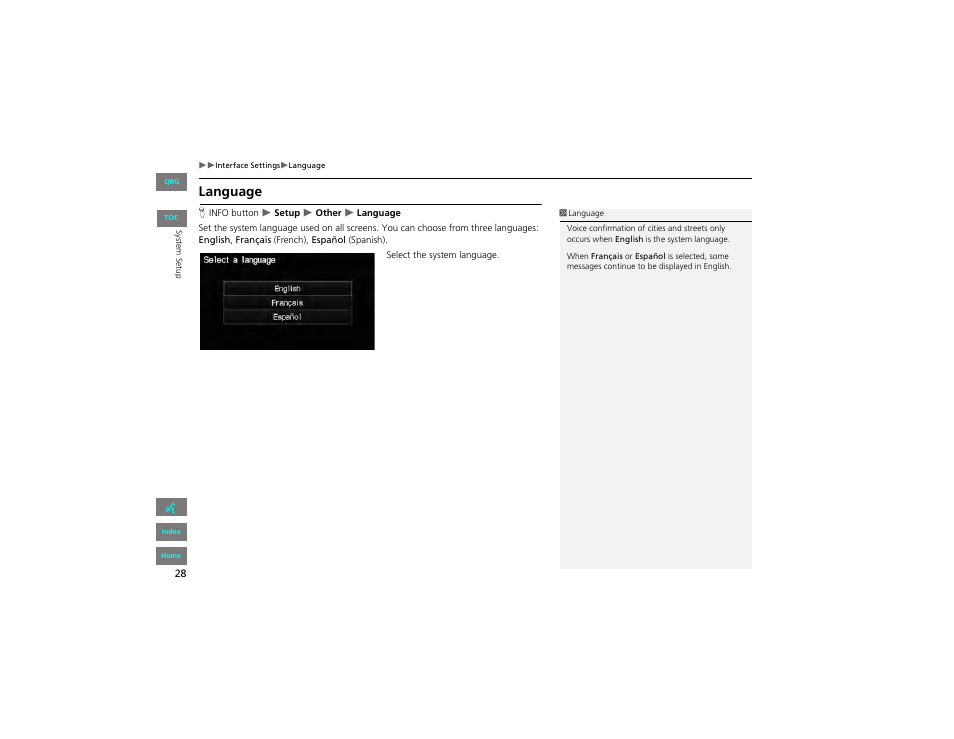 Language, 2 language p. 28 | HONDA 2012 Civic Hybrid Navigation User Manual | Page 29 / 204