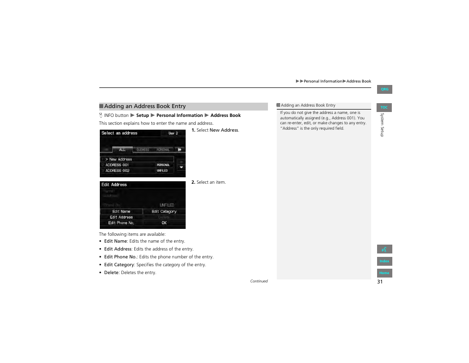 Adding an address book entry | HONDA 2012 Civic Hybrid Navigation User Manual | Page 32 / 204